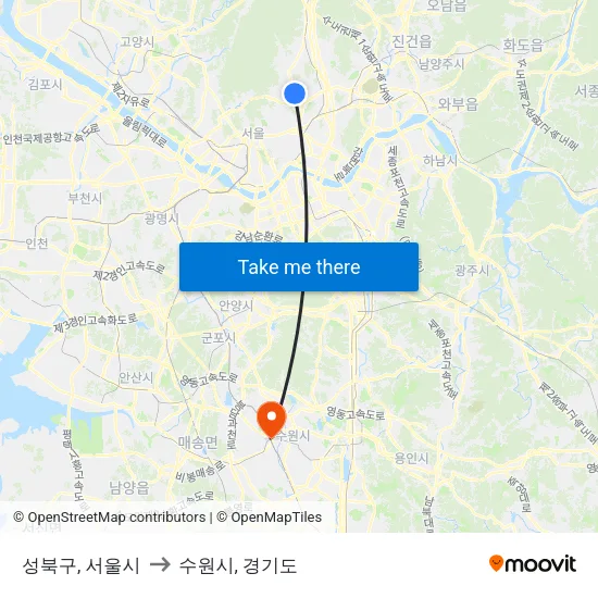 성북구, 서울시 to 수원시, 경기도 map