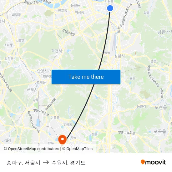 송파구, 서울시 to 수원시, 경기도 map