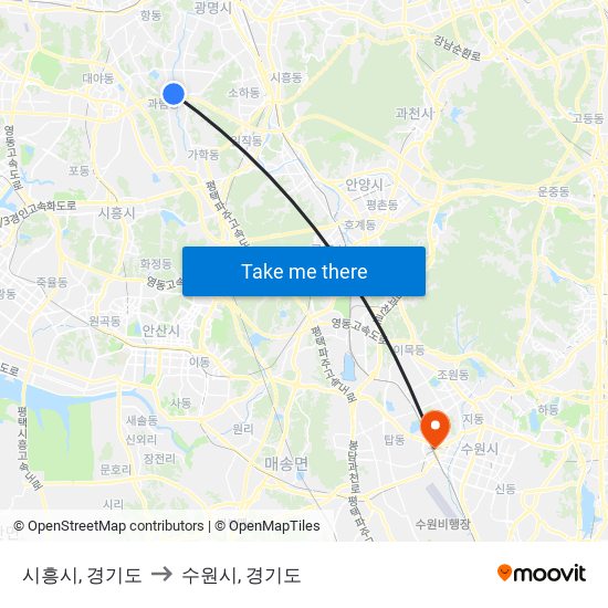 시흥시, 경기도 to 수원시, 경기도 map