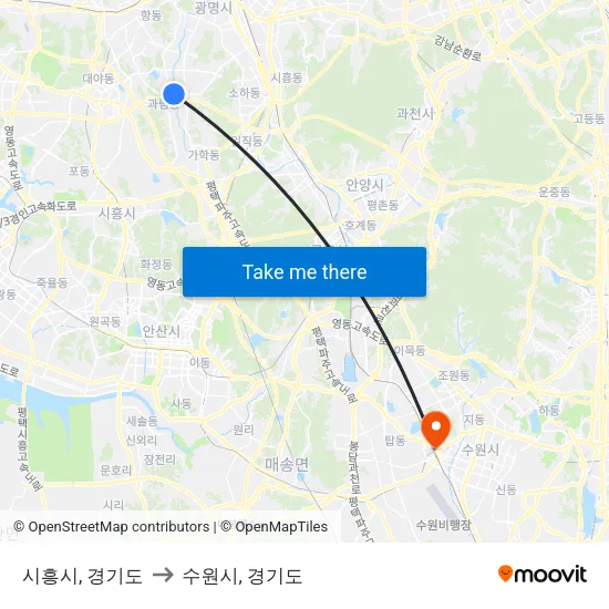 시흥시, 경기도 to 수원시, 경기도 map