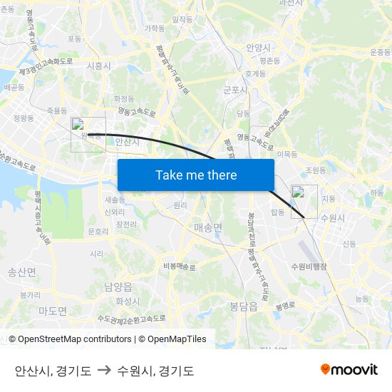 안산시, 경기도 to 수원시, 경기도 map