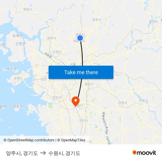 양주시, 경기도 to 수원시, 경기도 map