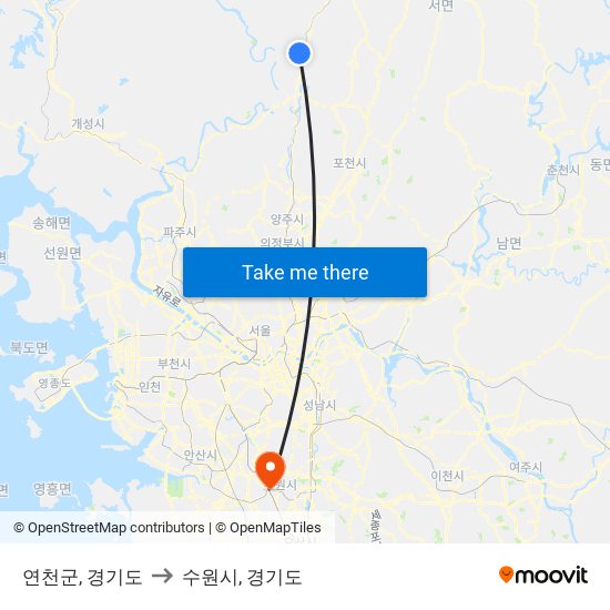 연천군, 경기도 to 수원시, 경기도 map