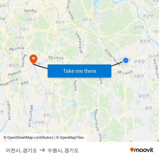 이천시, 경기도 to 수원시, 경기도 map