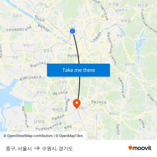 중구, 서울시 to 수원시, 경기도 map