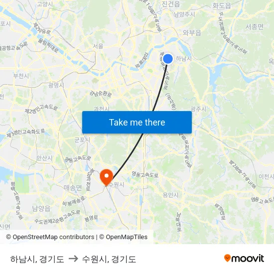 하남시, 경기도 to 수원시, 경기도 map