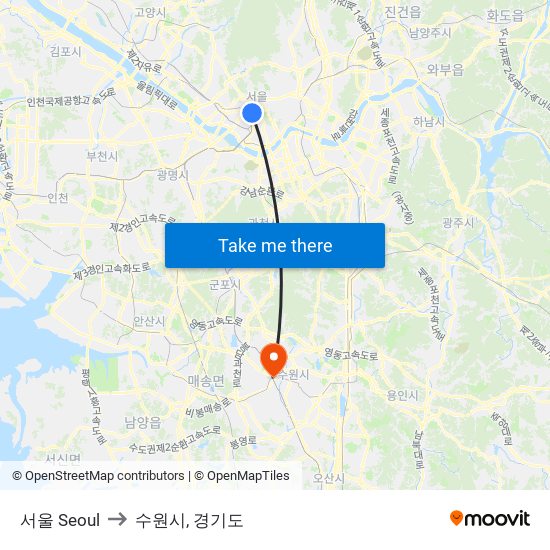 서울 Seoul to 수원시, 경기도 map