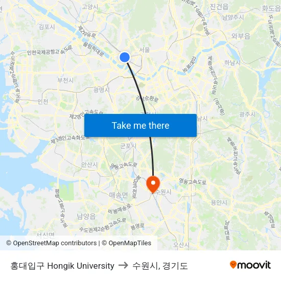 홍대입구 Hongik University to 수원시, 경기도 map