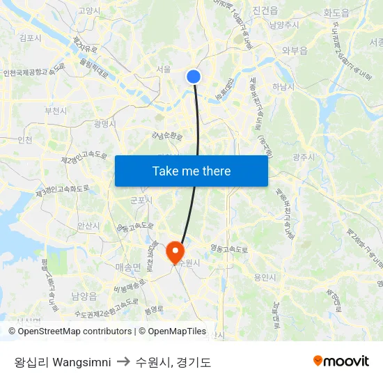왕십리 Wangsimni to 수원시, 경기도 map