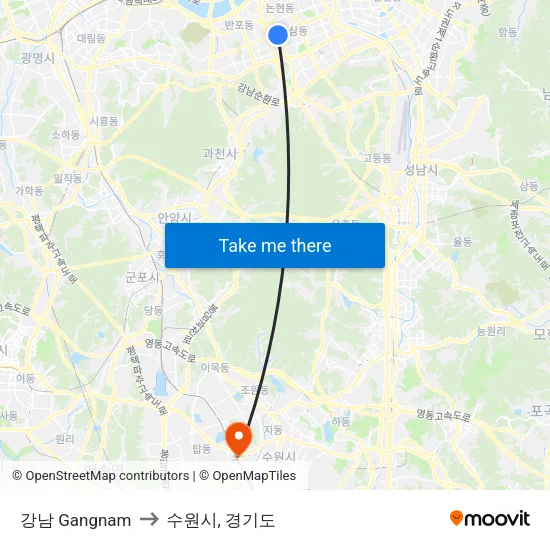 강남 Gangnam to 수원시, 경기도 map