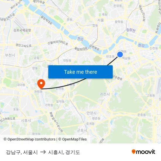강남구, 서울시 to 시흥시, 경기도 map