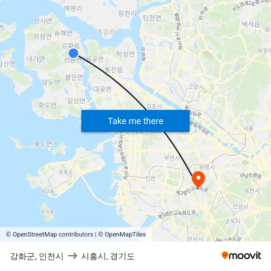 강화군, 인천시 to 시흥시, 경기도 map
