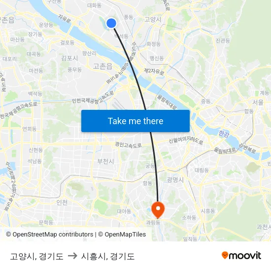 고양시, 경기도 to 시흥시, 경기도 map