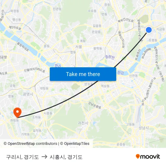 구리시, 경기도 to 시흥시, 경기도 map