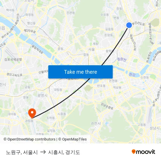 노원구, 서울시 to 시흥시, 경기도 map