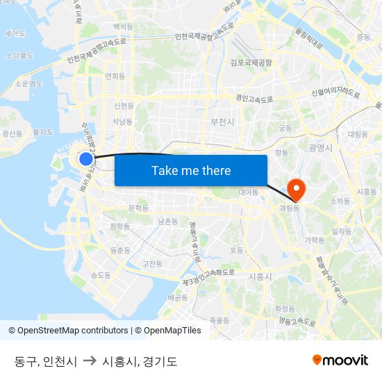 동구, 인천시 to 시흥시, 경기도 map