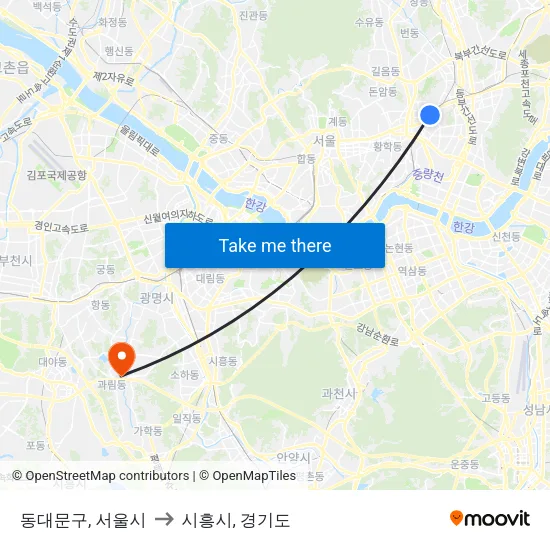 동대문구, 서울시 to 시흥시, 경기도 map