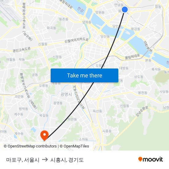 마포구, 서울시 to 시흥시, 경기도 map