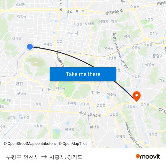 부평구, 인천시 to 시흥시, 경기도 map