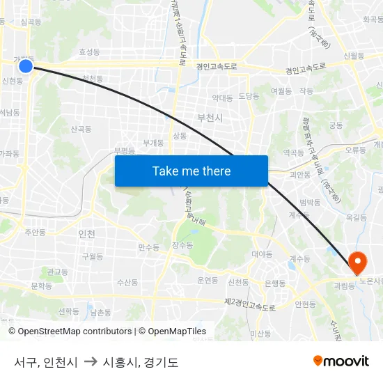 서구, 인천시 to 시흥시, 경기도 map