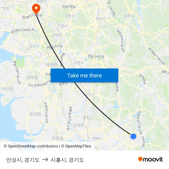 안성시, 경기도 to 시흥시, 경기도 map