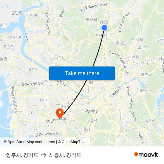 양주시, 경기도 to 시흥시, 경기도 map