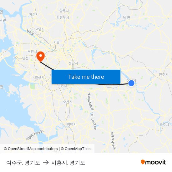여주군, 경기도 to 시흥시, 경기도 map