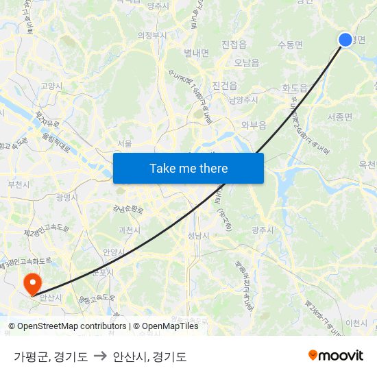 가평군, 경기도 to 안산시, 경기도 map