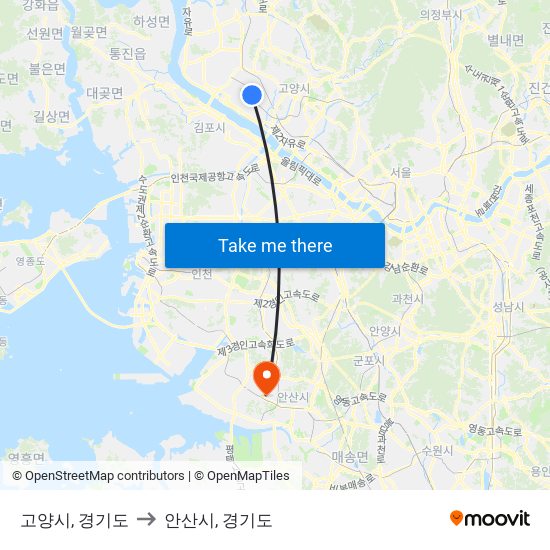 고양시, 경기도 to 안산시, 경기도 map