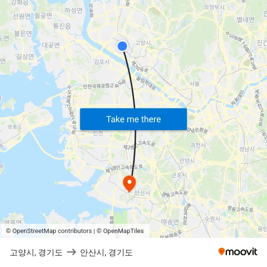 고양시, 경기도 to 안산시, 경기도 map