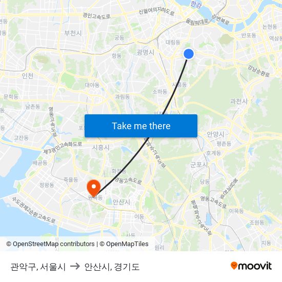 관악구, 서울시 to 안산시, 경기도 map