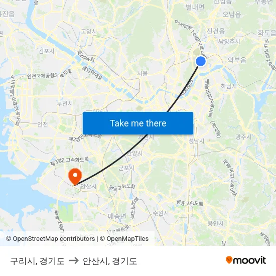 구리시, 경기도 to 안산시, 경기도 map