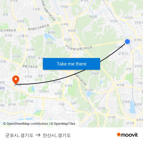 군포시, 경기도 to 안산시, 경기도 map