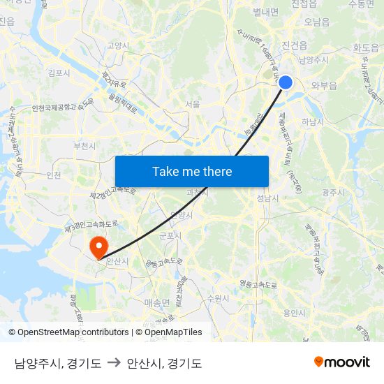 남양주시, 경기도 to 안산시, 경기도 map