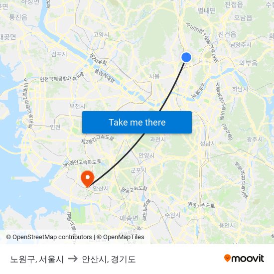 노원구, 서울시 to 안산시, 경기도 map