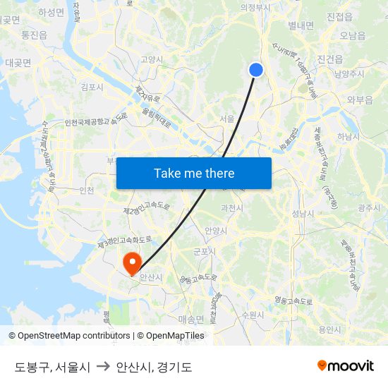 도봉구, 서울시 to 안산시, 경기도 map