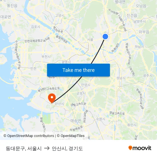 동대문구, 서울시 to 안산시, 경기도 map