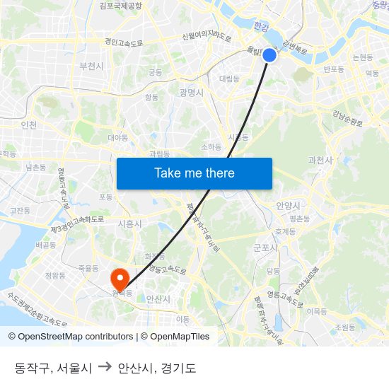 동작구, 서울시 to 안산시, 경기도 map