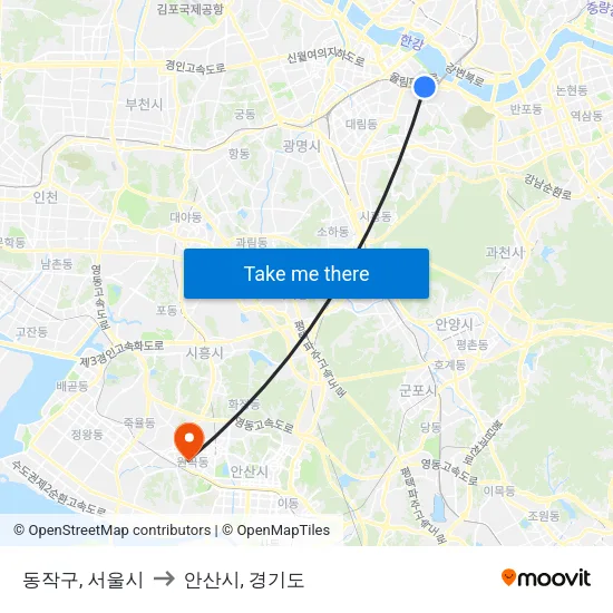 동작구, 서울시 to 안산시, 경기도 map