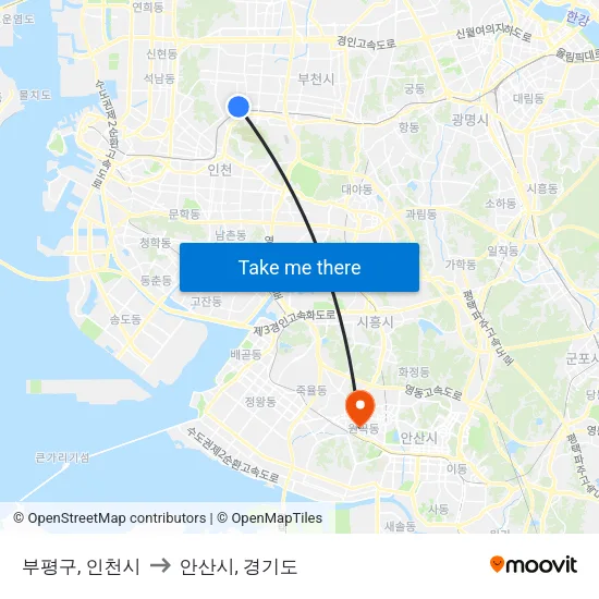 부평구, 인천시 to 안산시, 경기도 map