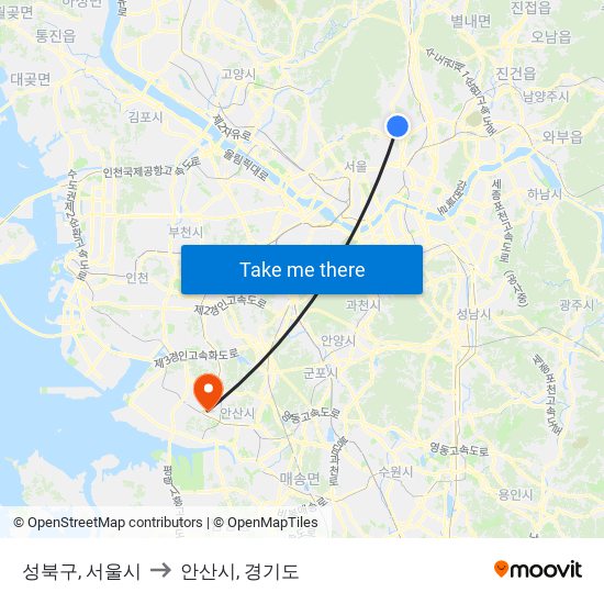 성북구, 서울시 to 안산시, 경기도 map