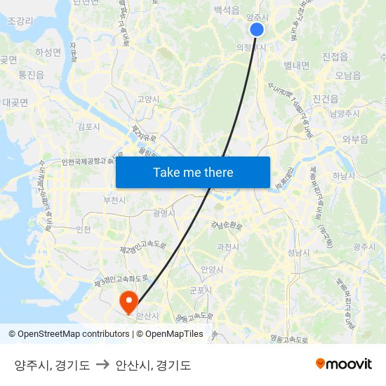 양주시, 경기도 to 안산시, 경기도 map