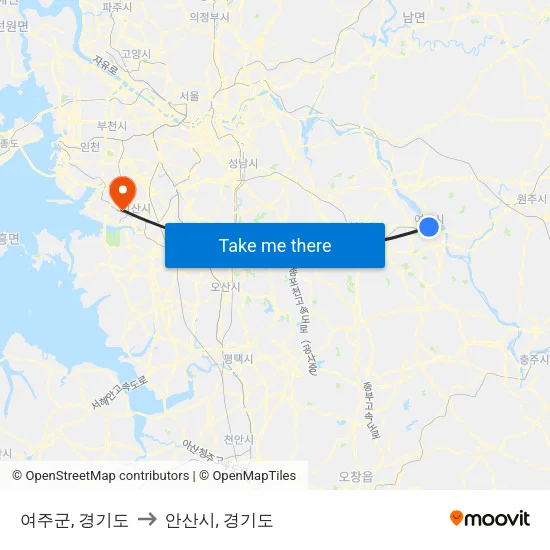 여주군, 경기도 to 안산시, 경기도 map