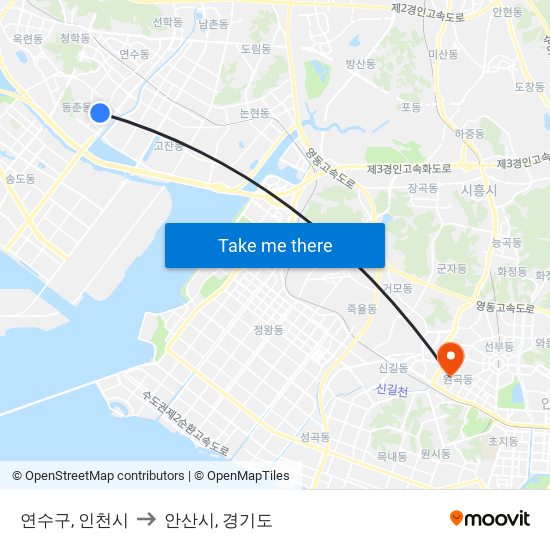 연수구, 인천시 to 안산시, 경기도 map