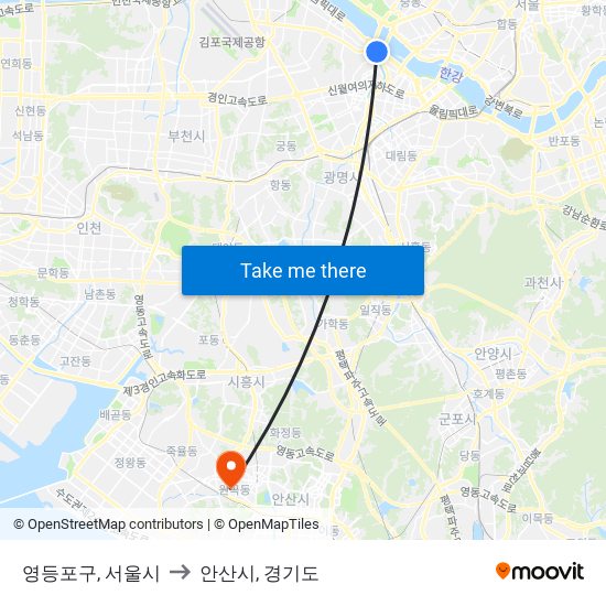 영등포구, 서울시 to 안산시, 경기도 map
