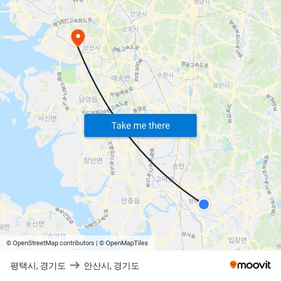 평택시, 경기도 to 안산시, 경기도 map