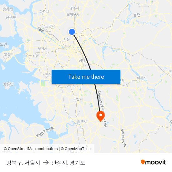 강북구, 서울시 to 안성시, 경기도 map