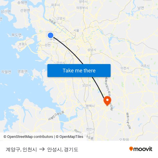 계양구, 인천시 to 안성시, 경기도 map