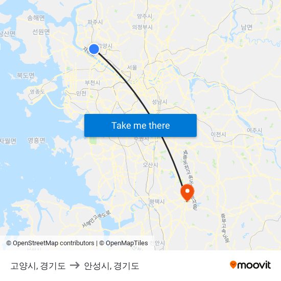 고양시, 경기도 to 안성시, 경기도 map