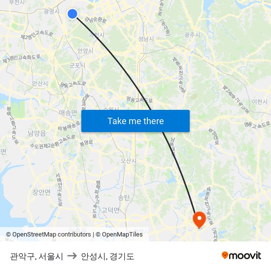 관악구, 서울시 to 안성시, 경기도 map